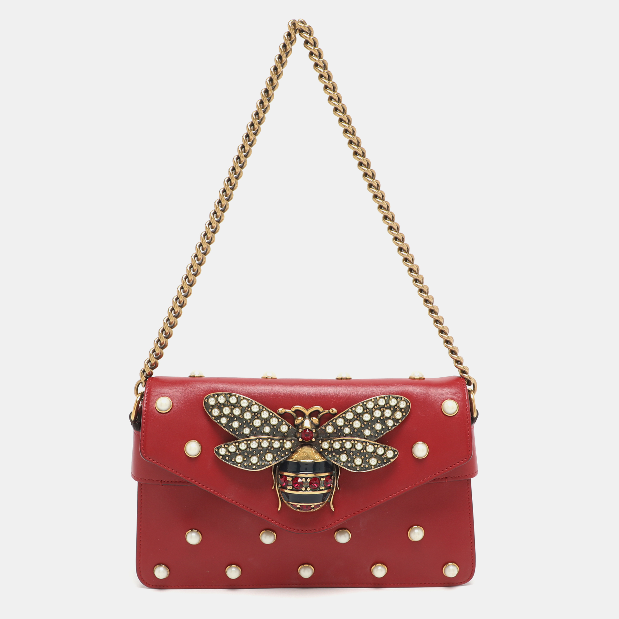 

Gucci Bee Pearl Studded Queen Margaret Broadway Mini Red Leather Crossbody Bag