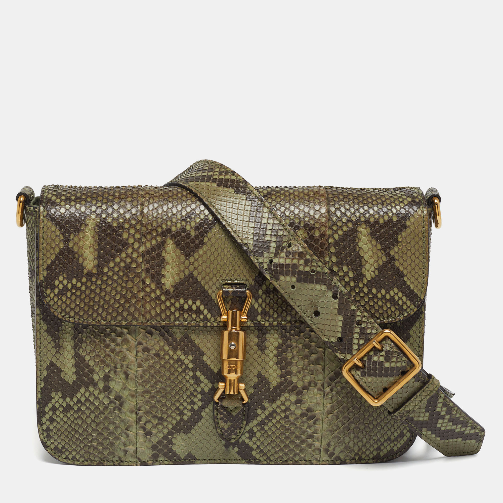 

Gucci Jackie Olive Green Python Flap Shoulder Bag