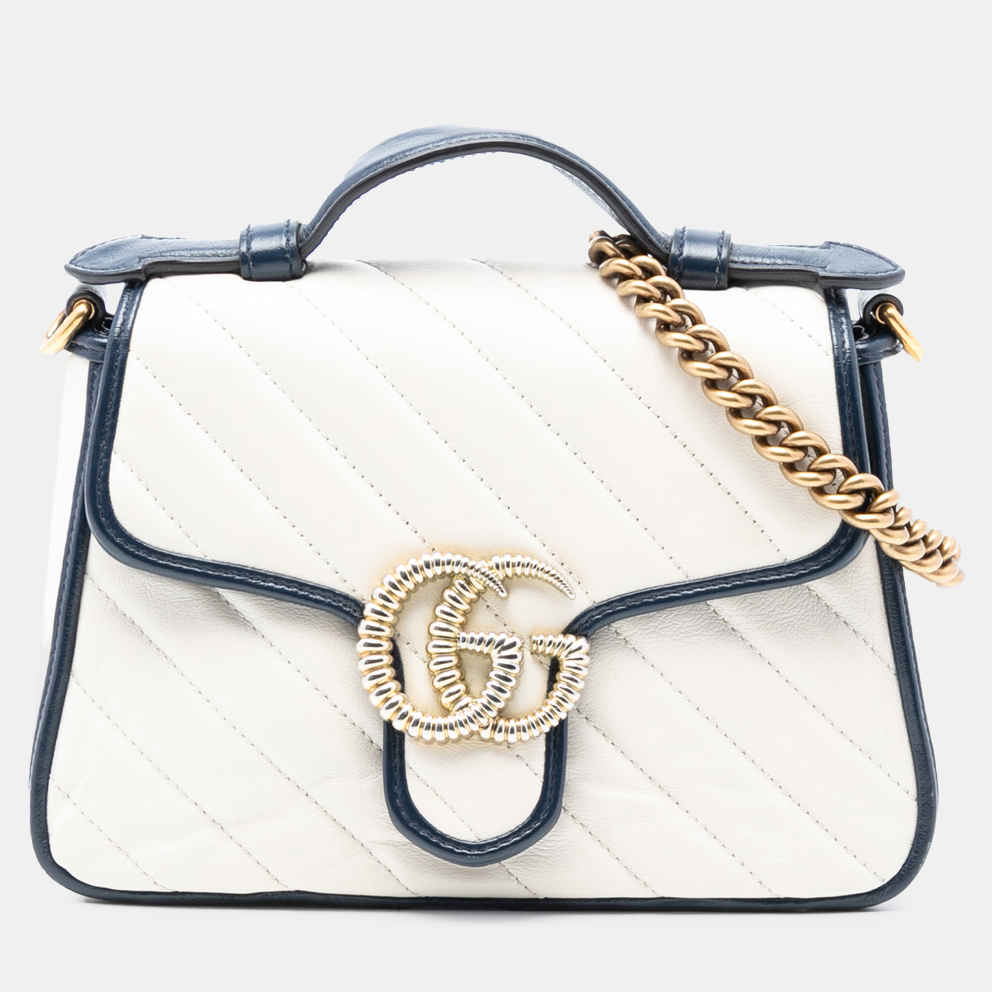 

Gucci Blue/White Mini GG Marmont Matelasse Diagonal Leather Torchon Top Handle Bag