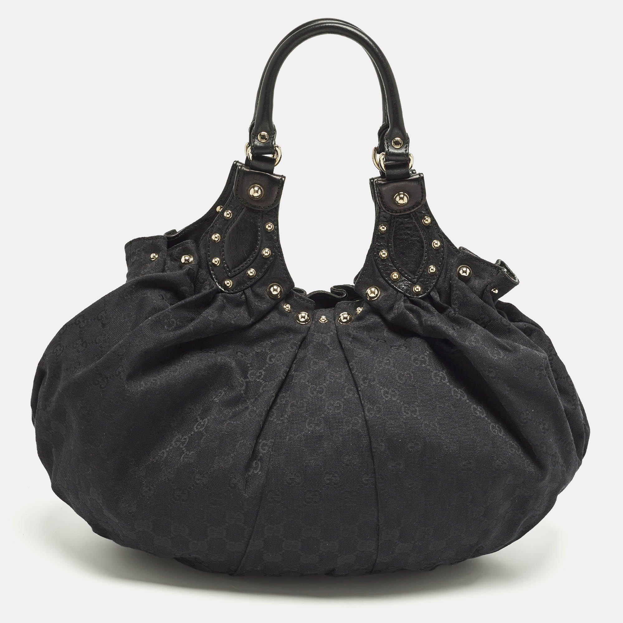 

Gucci Pelham Studded Black GG Canvas and Leather Hobo