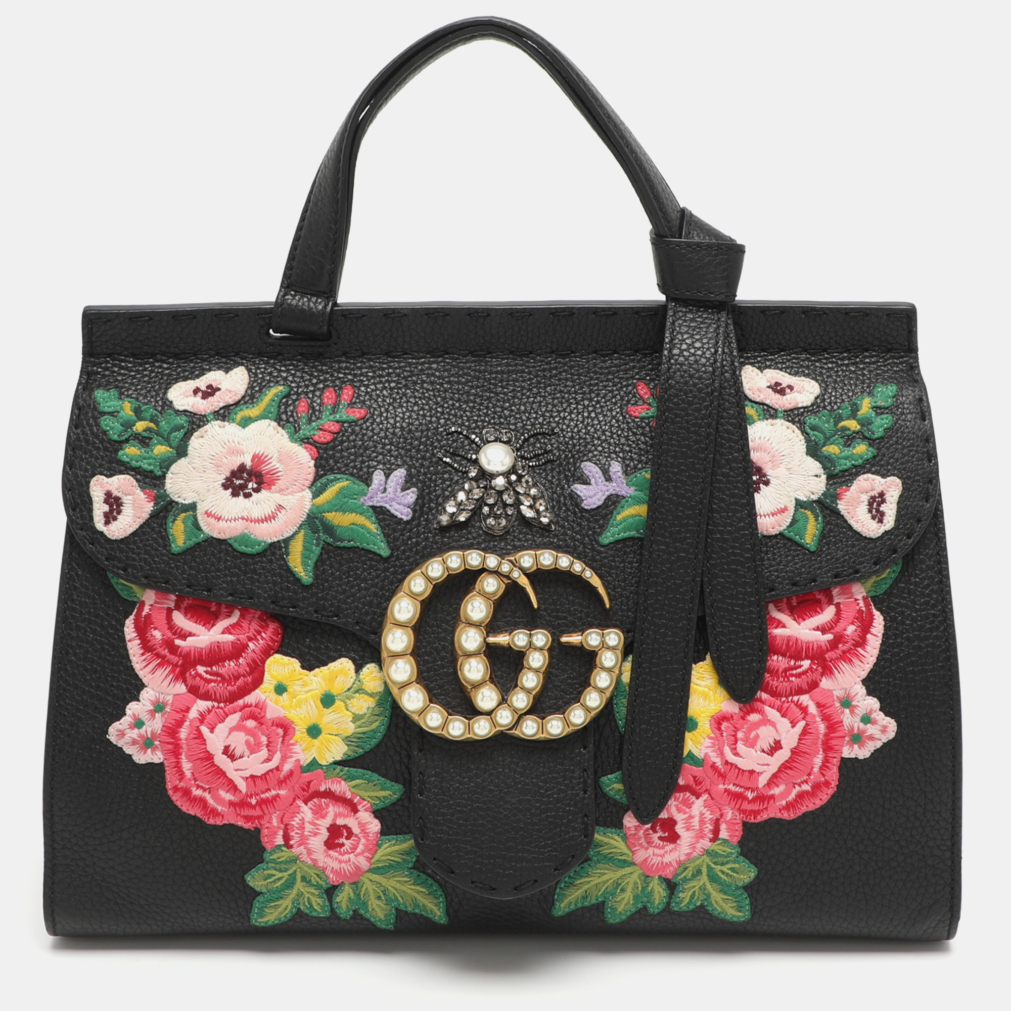 

Gucci GG Marmont Floral Embroidered Embellished Black Leather Top Handle Bag