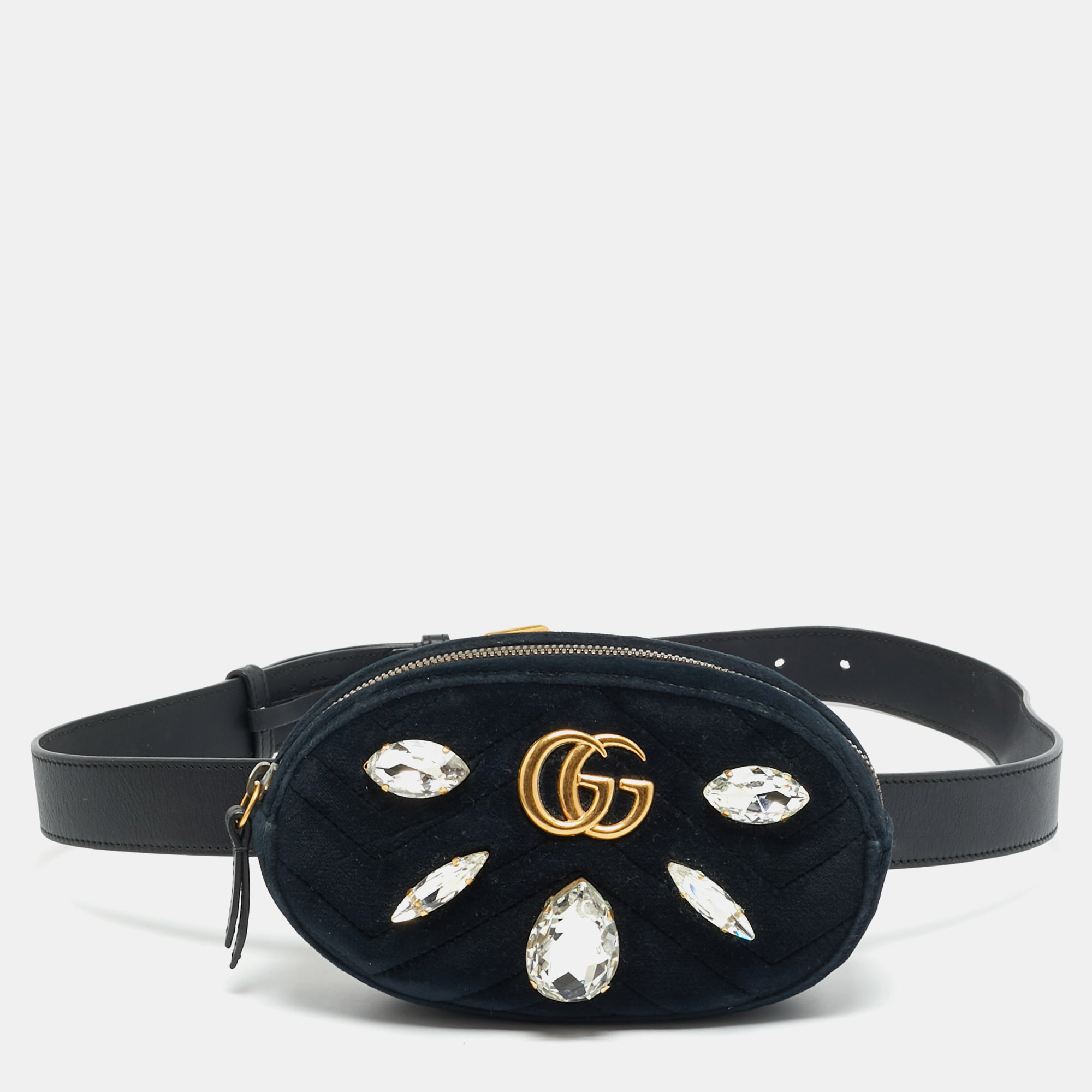 

Gucci GG Marmont Crystals Black Matelassé Velvet and Leather Belt Bag
