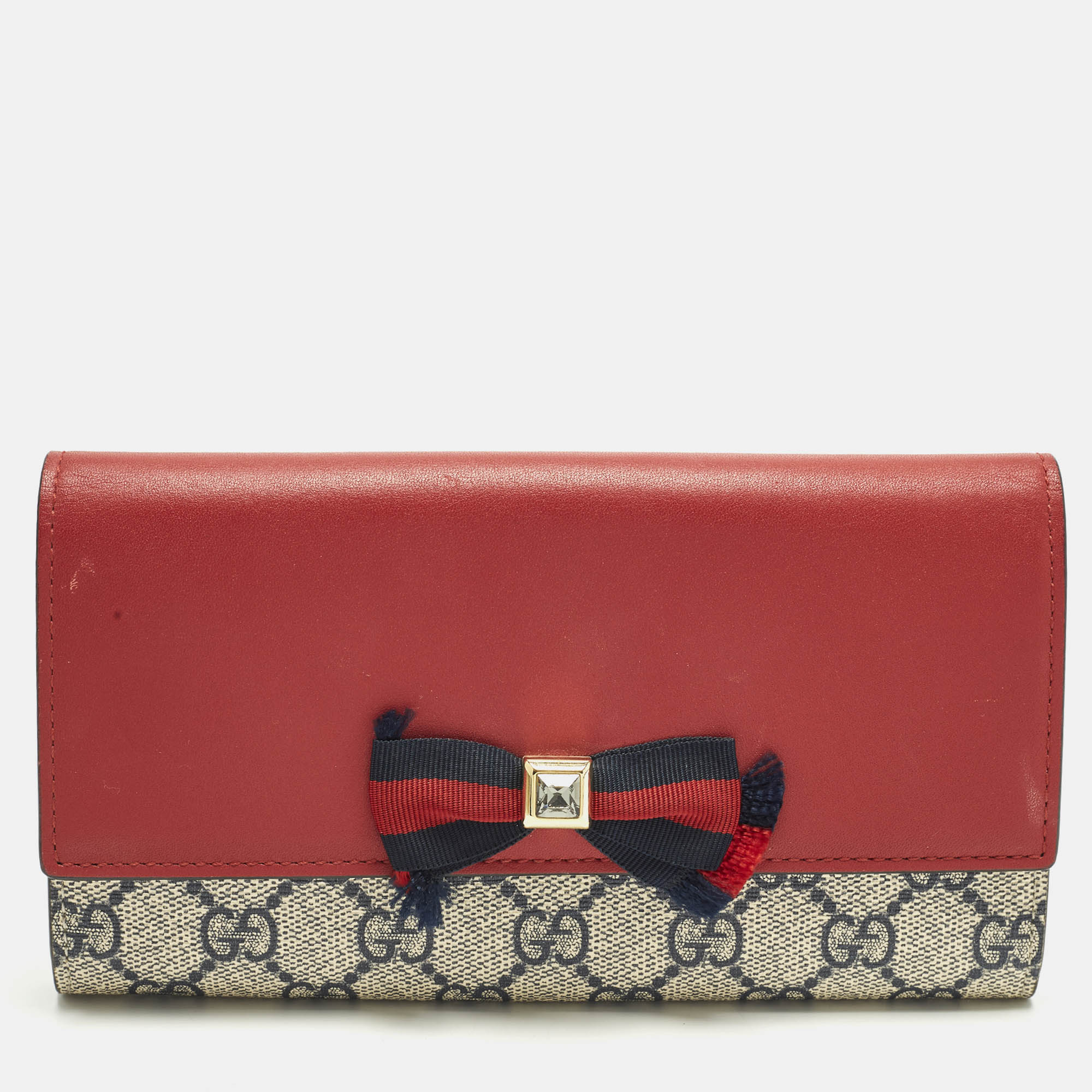 

Gucci Bow Crystal Embellished Red/Blue GG Supreme Canvas and Leather Continental Wallet