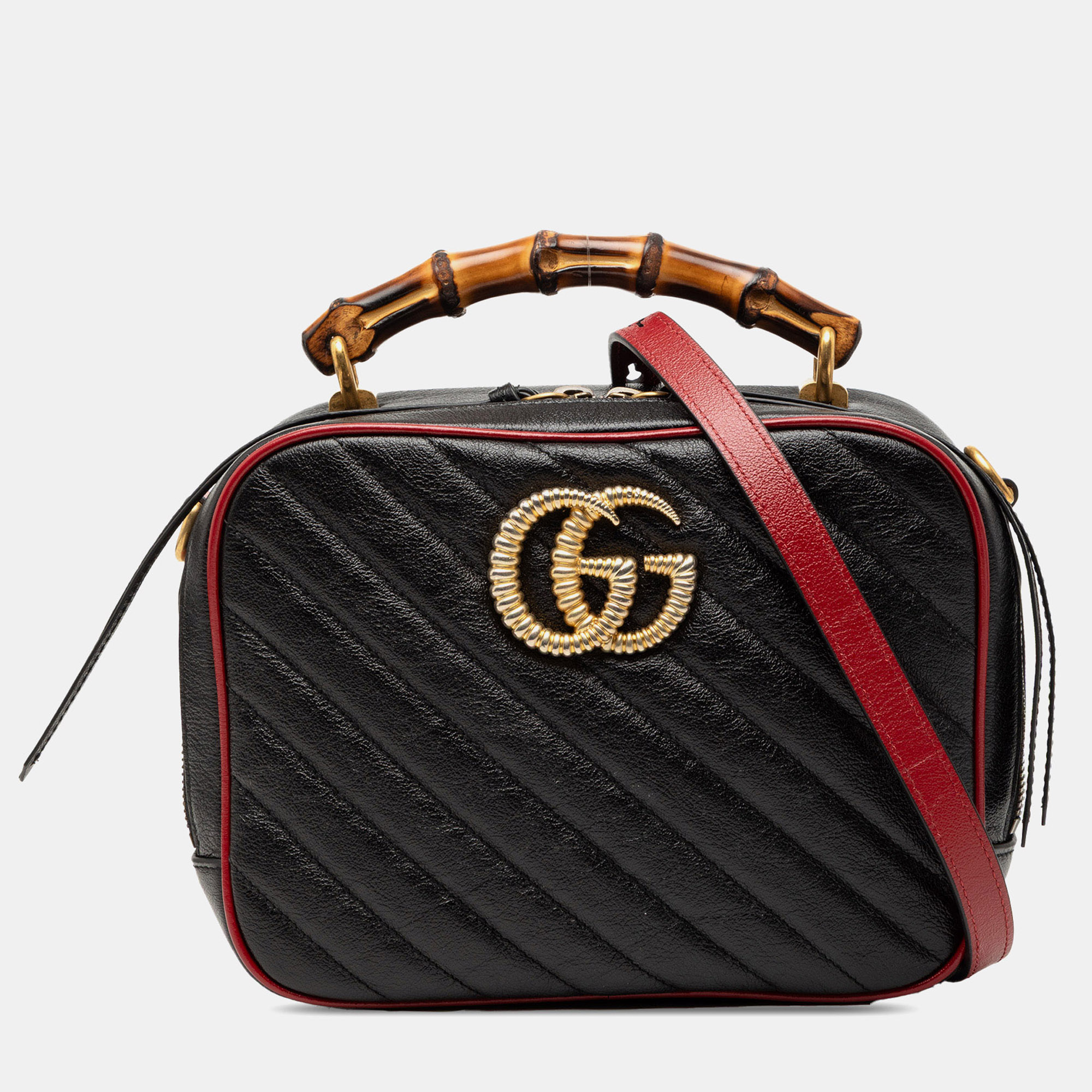 

Gucci Black Small GG Marmont Matelasse Diagonal Leather Torchon Bamboo Satchel