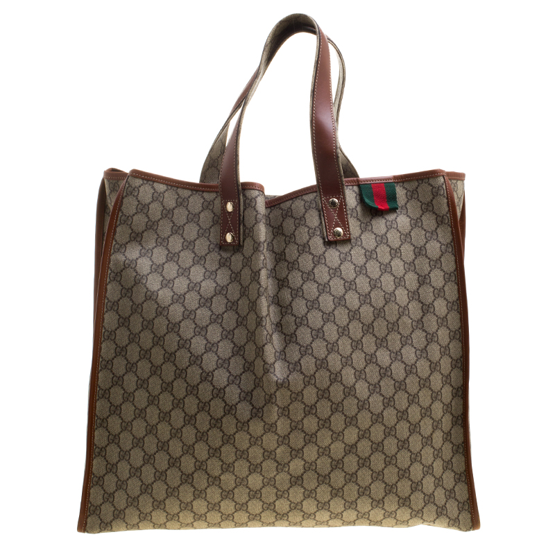 Gucci Beige/Brown GG Supreme Canvas and Leather Vertical Web Loop Tote ...