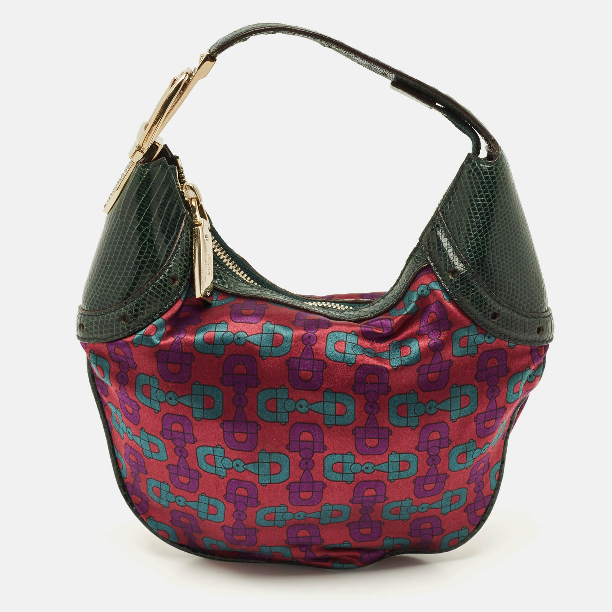 

Gucci Glam Green Horsebit Print Satin and Lizard Hobo