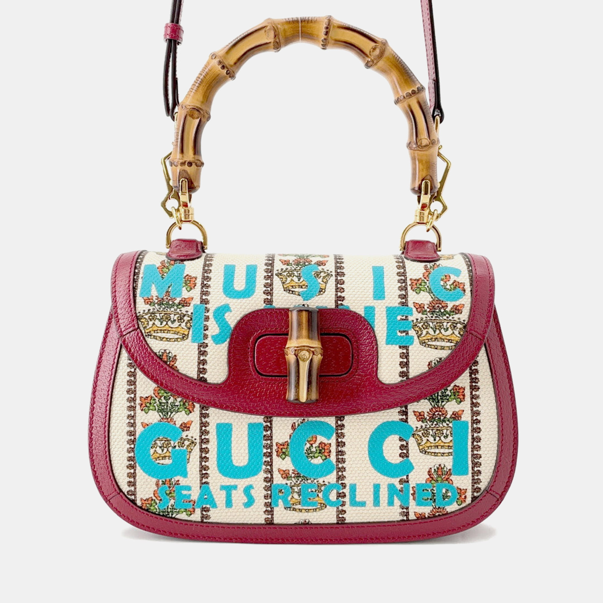 

Gucci Music Is Mine Bamboo 3Way Handbag Red/Ivory Leather Canvas Size Medium, Cream