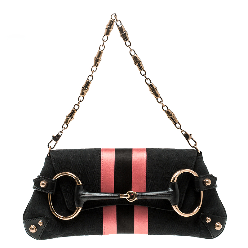 مملوكة مسبقًا Gucci Black/Pink GG Canvas and Satin Small Limited Edition Tom Ford Horsebit Web Chain Clutch