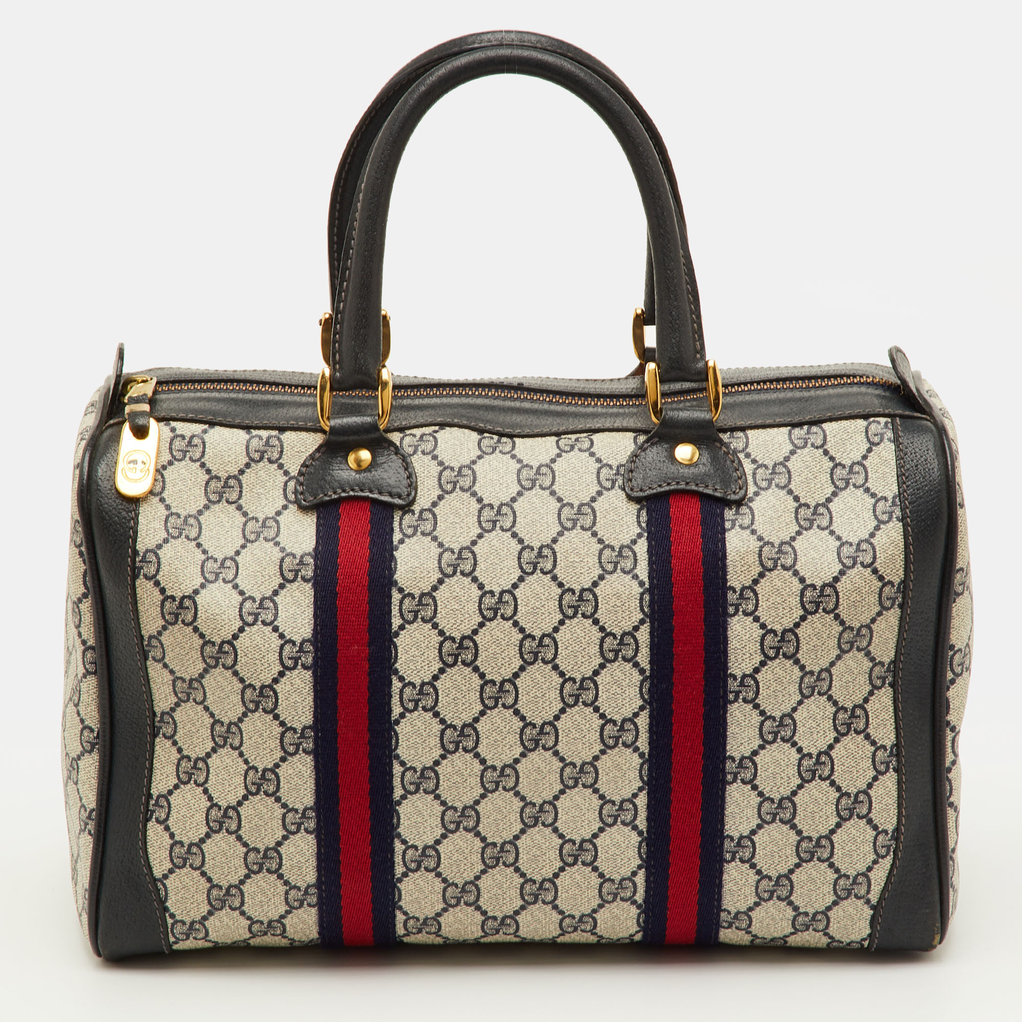 

Gucci Vintage Web Medium Beige/Navy Blue GG Supreme Canvas Boston Bag