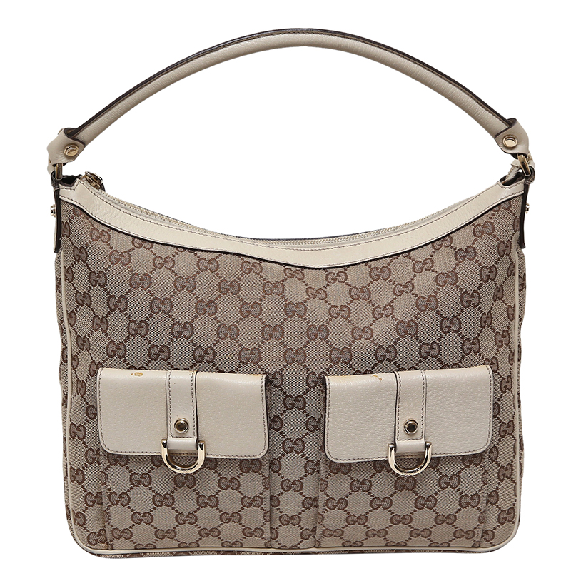 مملوكة مسبقًا Gucci Beige/White GG Canvas D-Gold Multipocket Hobo