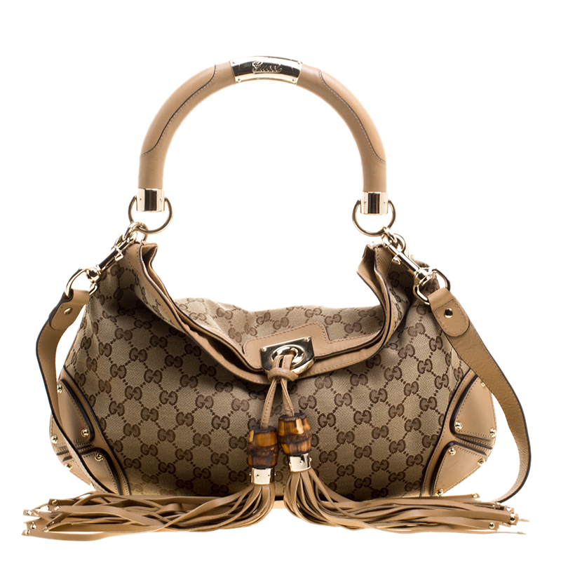 Pre Owned Gucci Beige Monogram Canvas Medium Indy Top Handle Bag