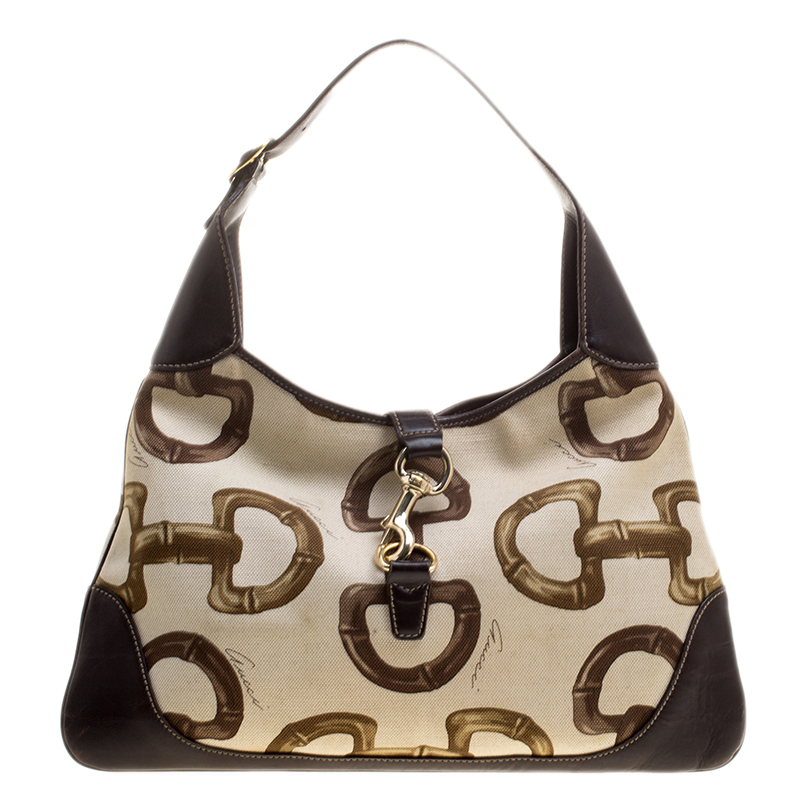 Pre Owned Gucci Beige/Brown Horsebit Printed Canvas and Leather Amalfi Hobo