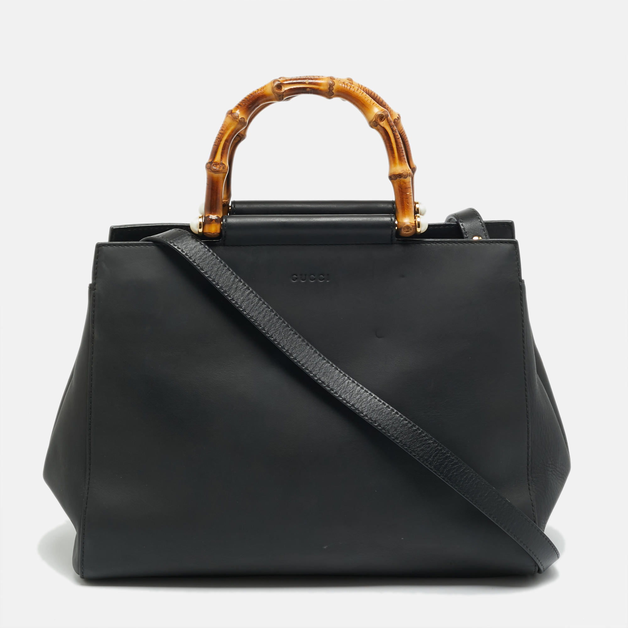 

Gucci Nymphaea Black Leather Top Handle Bag