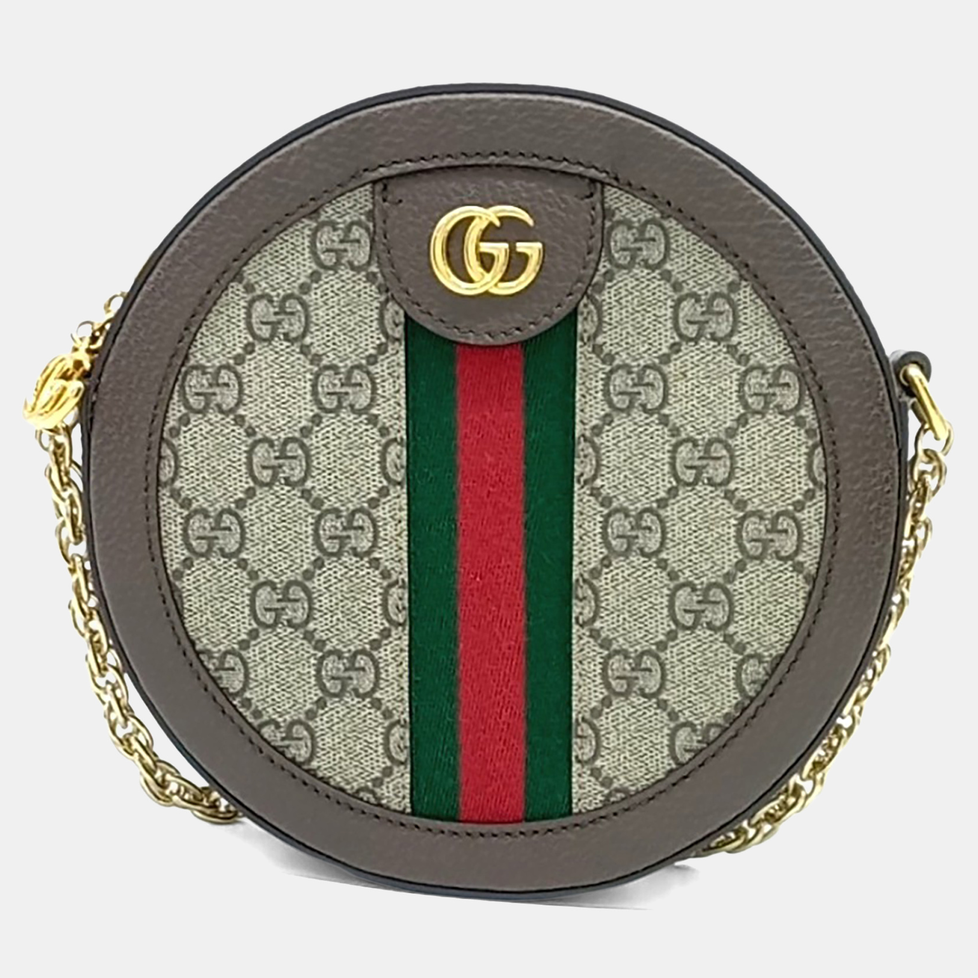 

Gucci Beige Brown Canvas and Leather Ophidia Mini GG Round Shoulder Bag