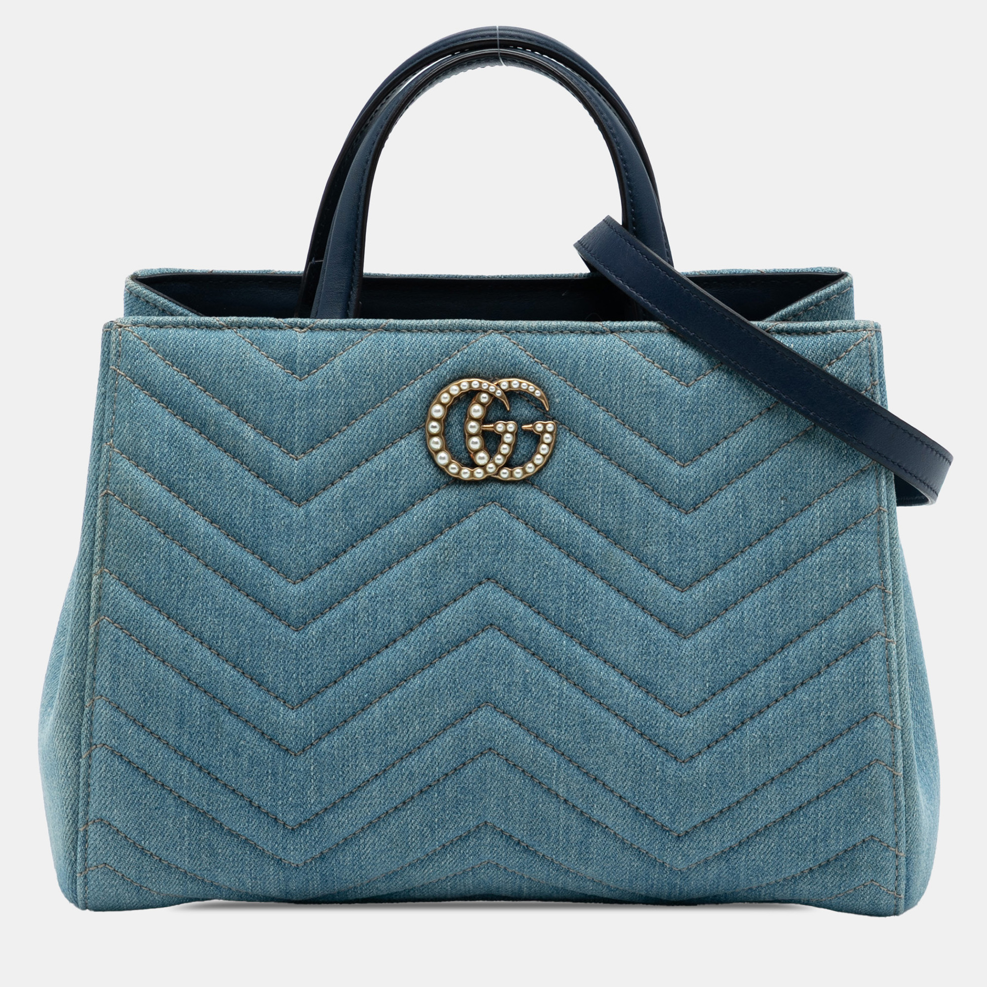 

Gucci Blue Small GG Marmont Matelasse Denim Pearly Satchel