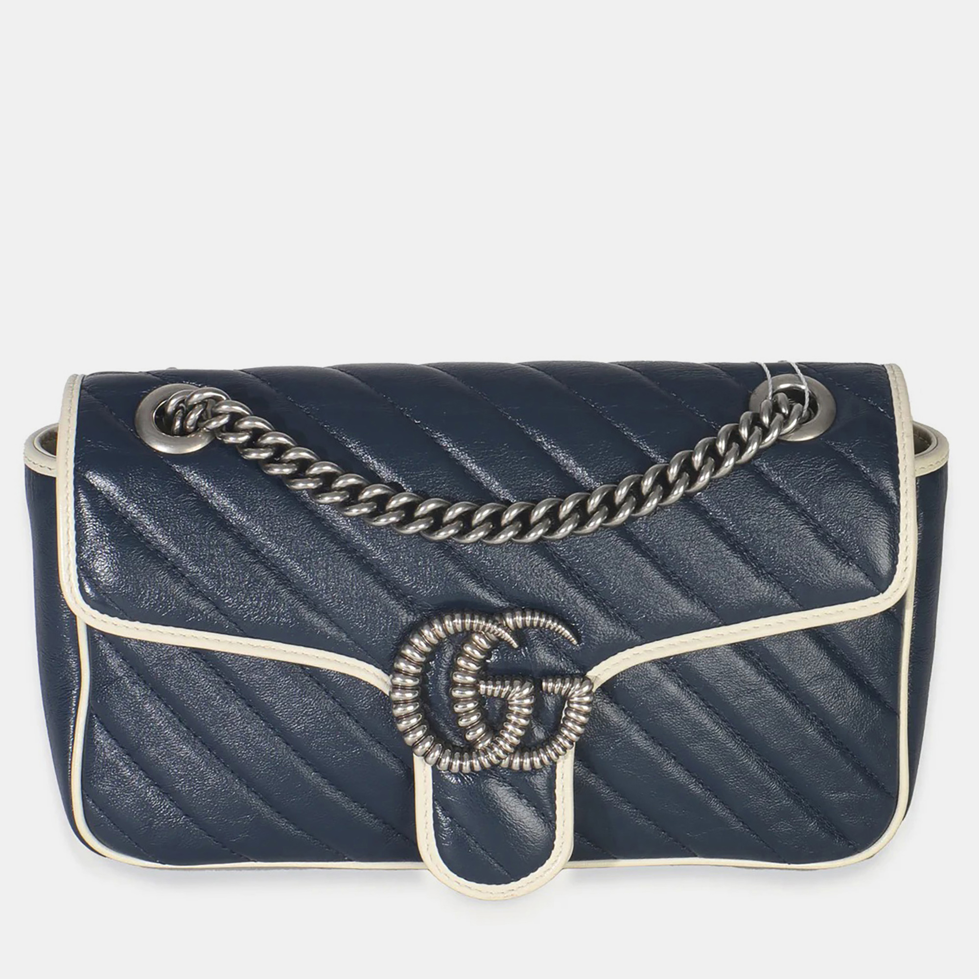 

Gucci Navy White Calfskin Matelasse Diagonal Torchon Medium GG Marmont Bag, Navy blue