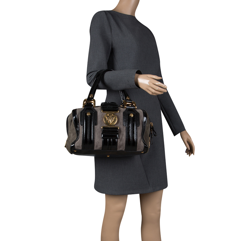 

Gucci Black/Khaki Patent Leather and Suede Aviatrix Boston Bag