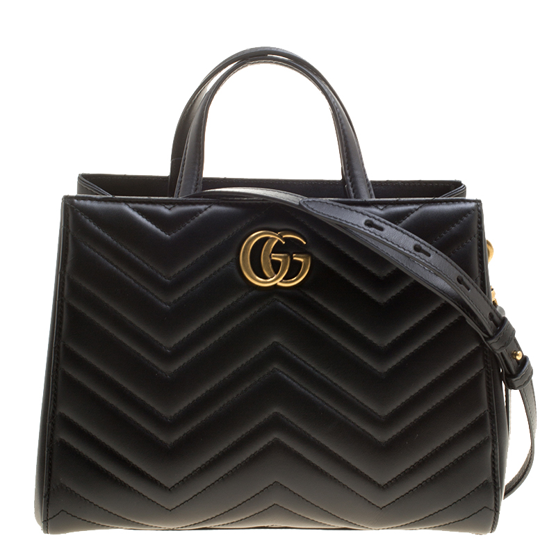 Pre Owned Gucci Black Matelasse Leather Small GG Marmont Top Handle Bag