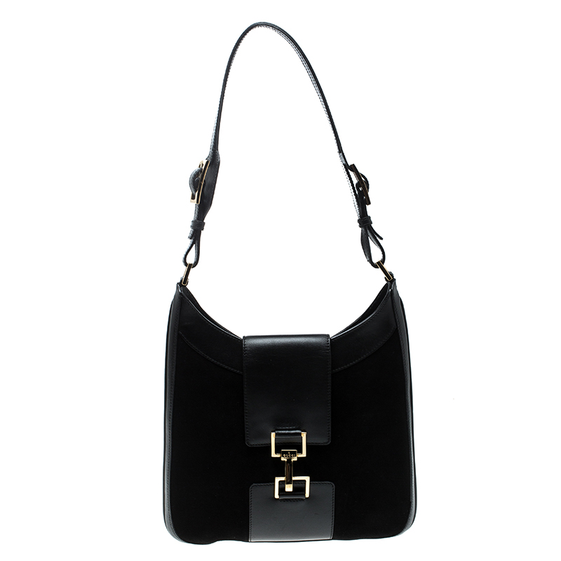 Pre Owned Gucci Black Suede And Leather Vintage Shoulder Bag