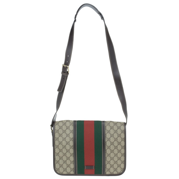 Pre Owned Gucci Brown GG Guccissima Leather Web Stripe Flap Messenger