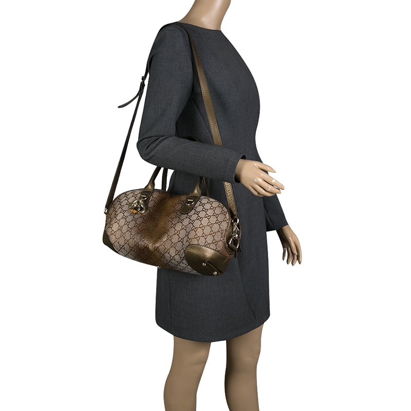 

Gucci Beige/Bronze Metallic GG Canvas Heart Bit Top Handle Bag