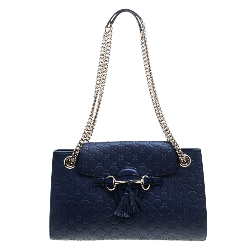 Gucci Blue Guccissima Leather Large Emily Chain Shoulder Bag