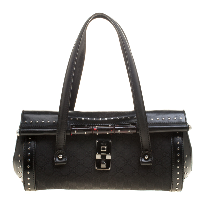 Pre Owned Gucci Black GG Canvas and Leather Bamboo Bullet Studded Satchel