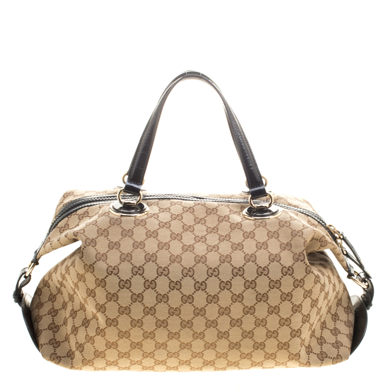 مملوكة مسبقًا Gucci Beige/Black GG Canvas and Leather Medium Full Moon Boston Bag