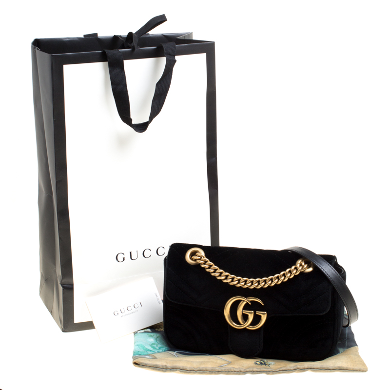 GUCCI Velvet Matelasse Mini GG Marmont Shoulder Bag Black 1256102