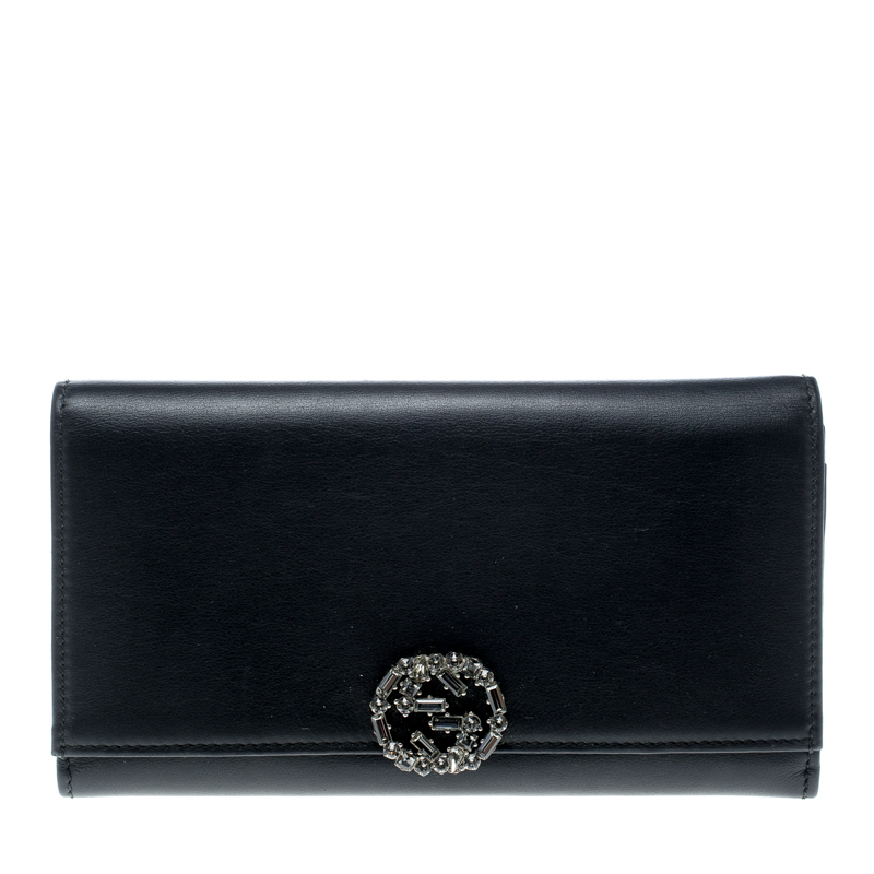  Gucci Black Leather Interlocking GG Crystal Continental Wallet