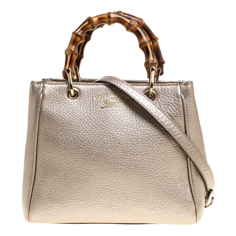 Pre Owned Gucci Metallic Beige Leather Bamboo Top Handle Shopper Tote