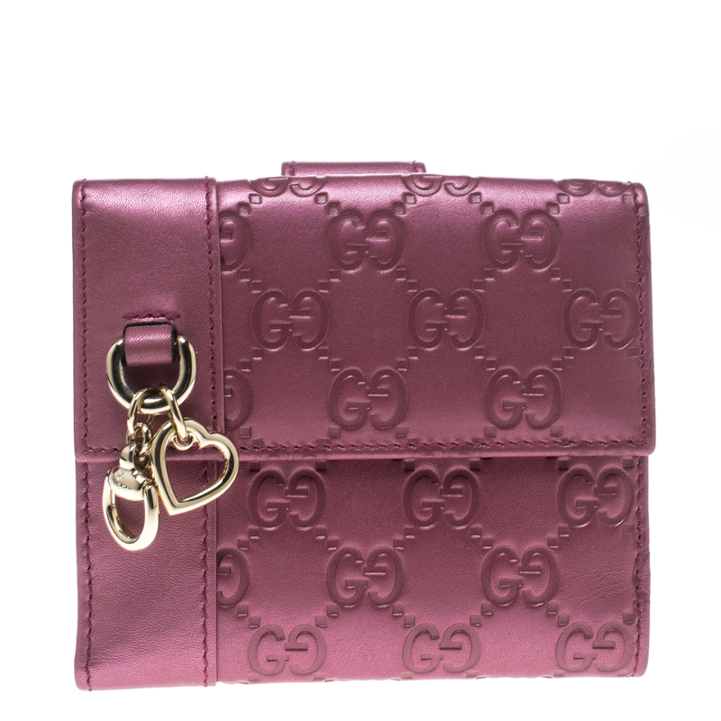 Pre Owned Gucci Metallic Pink Guccissima Leather Compact Wallet