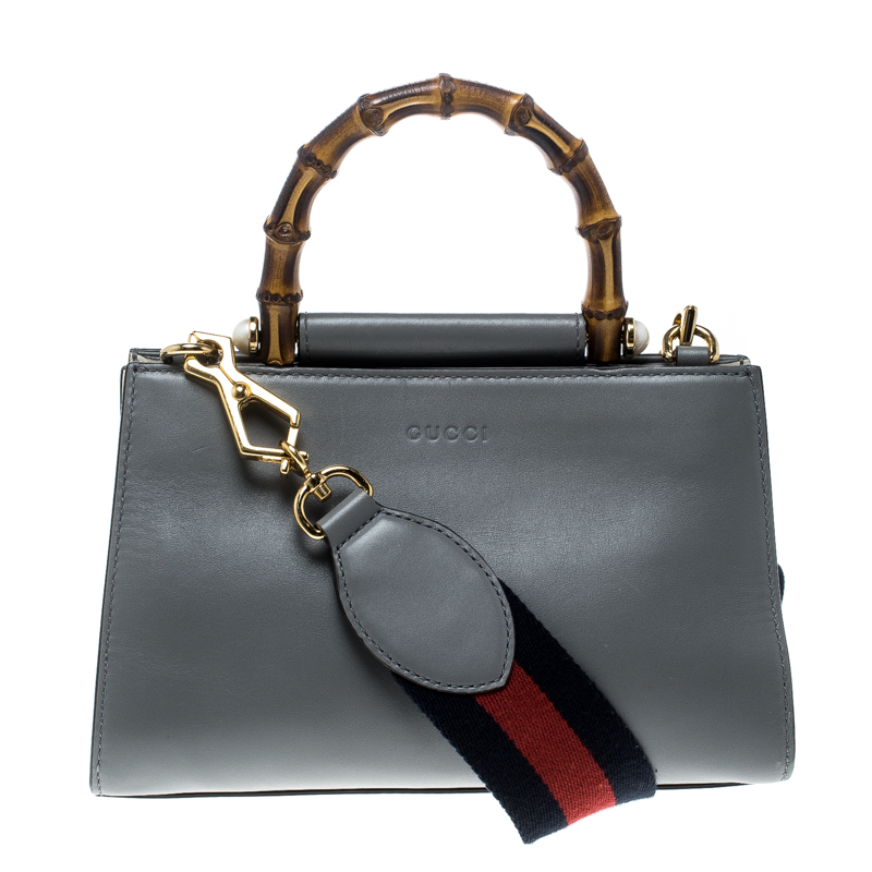 مملوكة مسبقًا Gucci Grey/Off White Leather Small Nymphaea Bamboo Top Handle Shoulder Bag