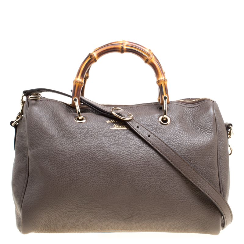 مملوكة مسبقًا حقيبة غوتشي شوبر بوسطن بامبو متوسطة جلد بيج داكنة