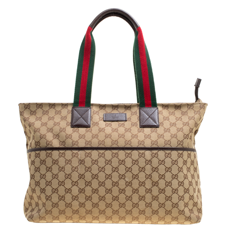 Pre Owned حقيبة يد غوتشي ديابر جلد وكانفاس GG بنية/ بيج