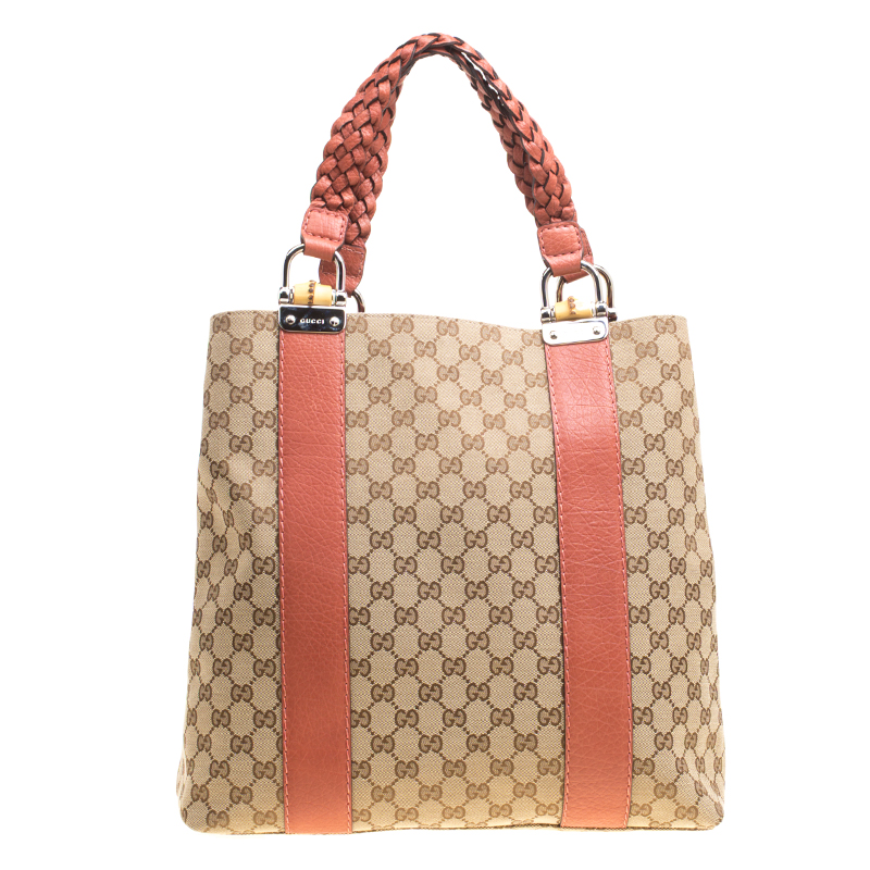Pre Owned Gucci Beige/Brown GG Canvas Large Bamboo Bar Tote