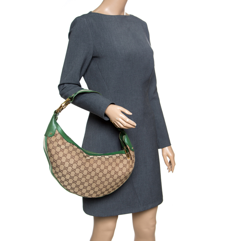

Gucci Beige/Green GG Canvas and Leather Medium Web Bamboo Ring Hobo