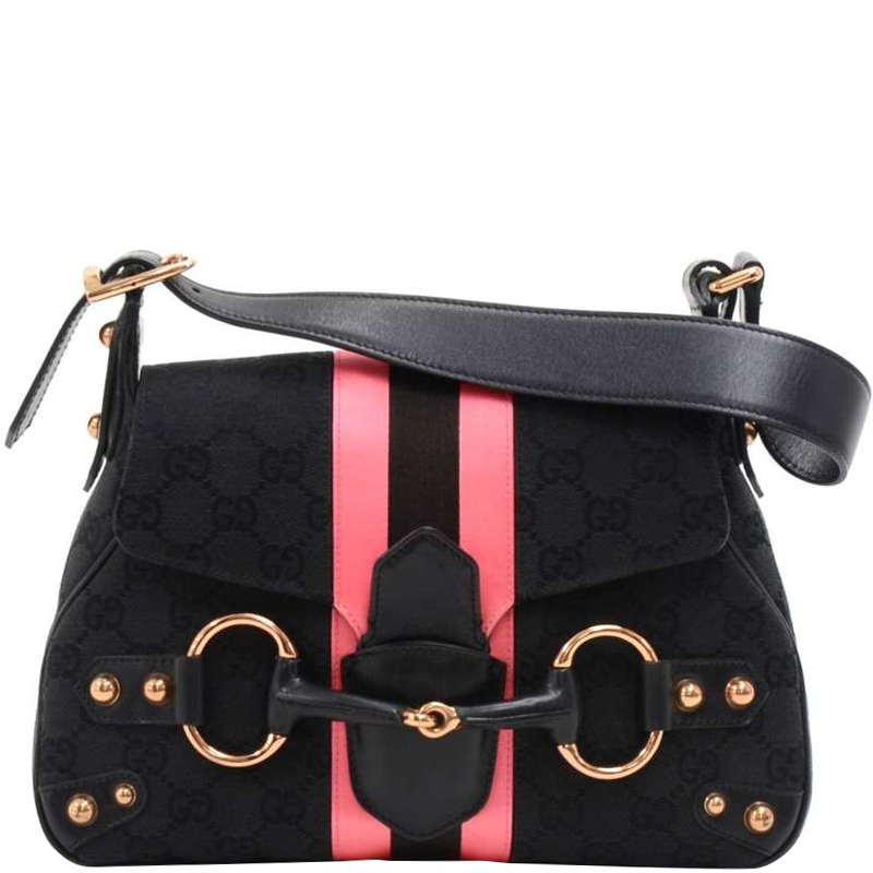 Pre-owned Gucci Black/pink Gg Canvas Horsebit Shoulder Bag | ModeSens