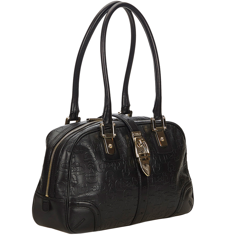

Gucci Black Embossed Leather Horsebit Satchel Bag