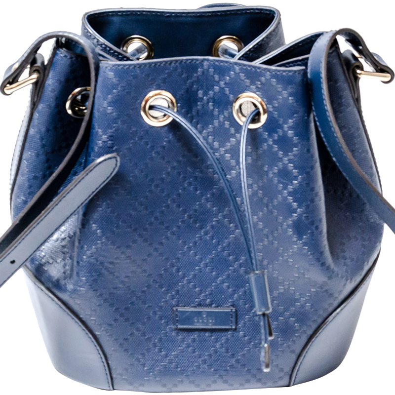 Gucci Blue Diamante Textured Leather Medium Hilary Bucket Bag