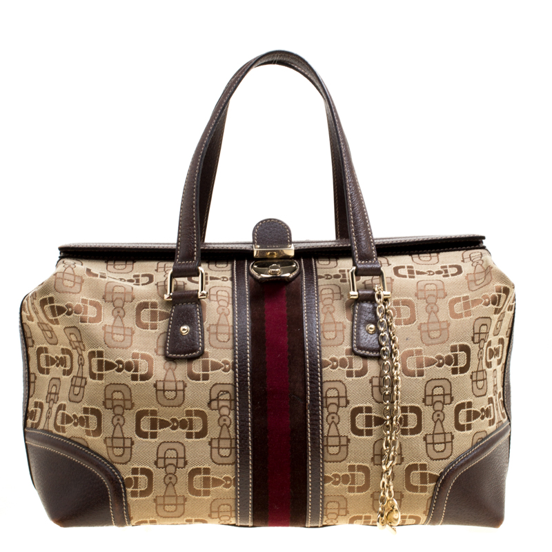 Pre Owned حقيبة غوتشي بوسطن تريشير كبيرة جلد وكانفاس هورسب يت بنية/ بيج