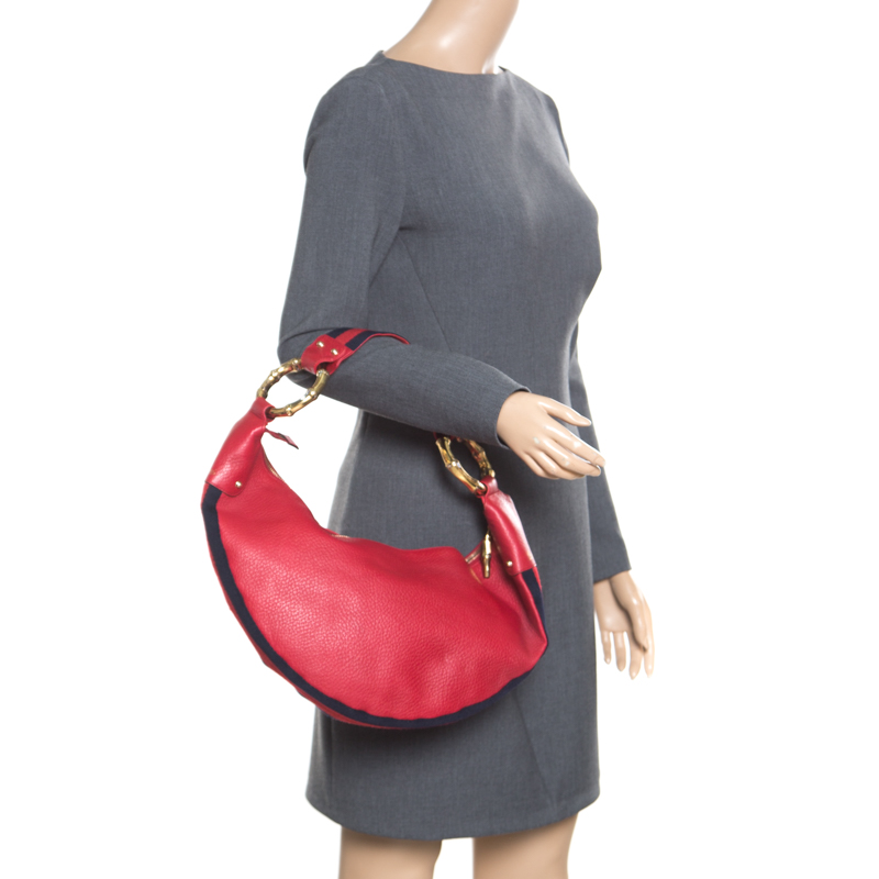 

Gucci Red Leather  Web Bamboo Ring Hobo