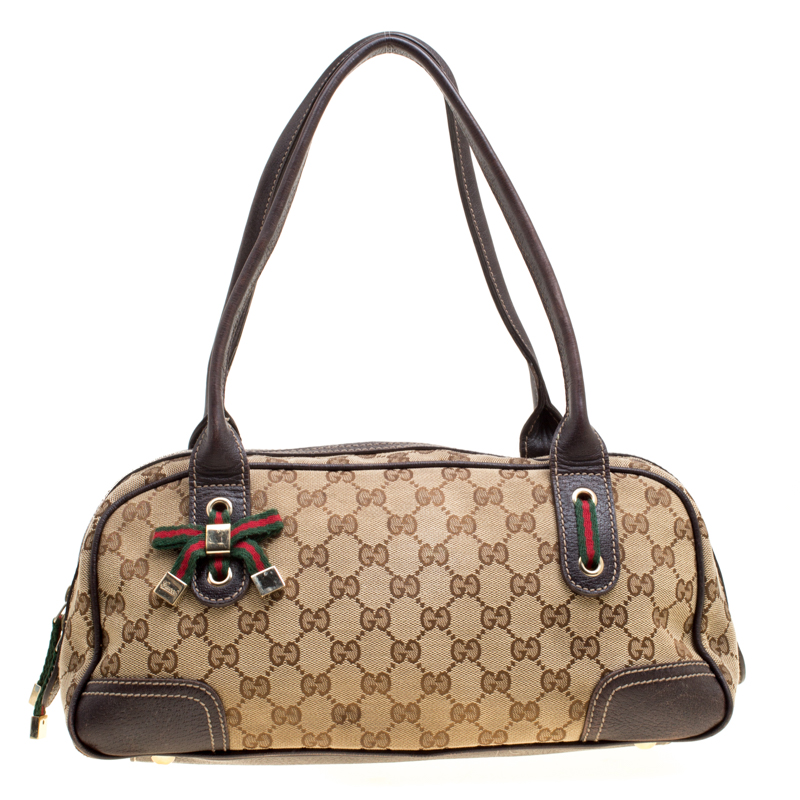Pre Owned Gucci Beige/Ebony GG Canvas and Leather Princy Boston Bag