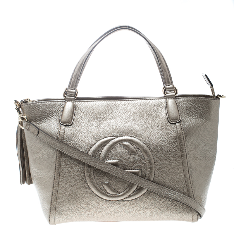 Pre Owned Gucci Metallic Beige Leather Soho Top Handle Bag