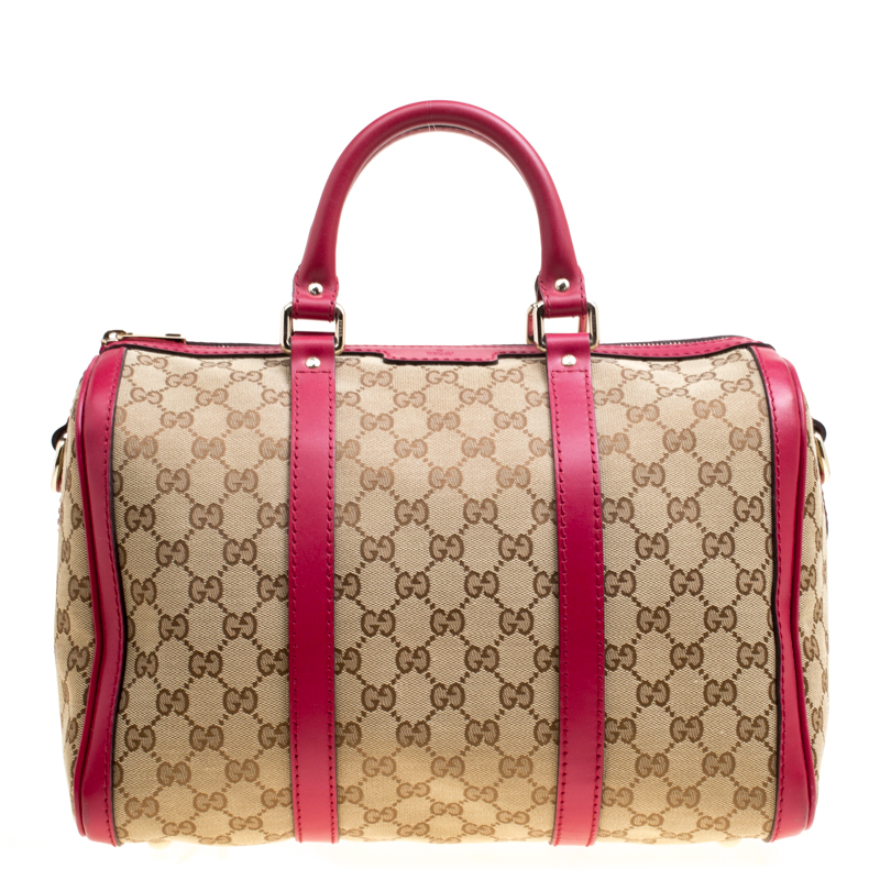 Pre Owned Gucci Beige/Fuchsia GG Canvas and Leather Boston Bag