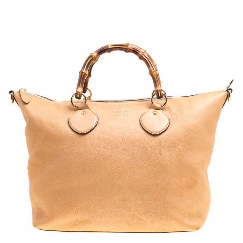 Pre Owned Gucci Beige Leather Bamboo Top Handle Bag