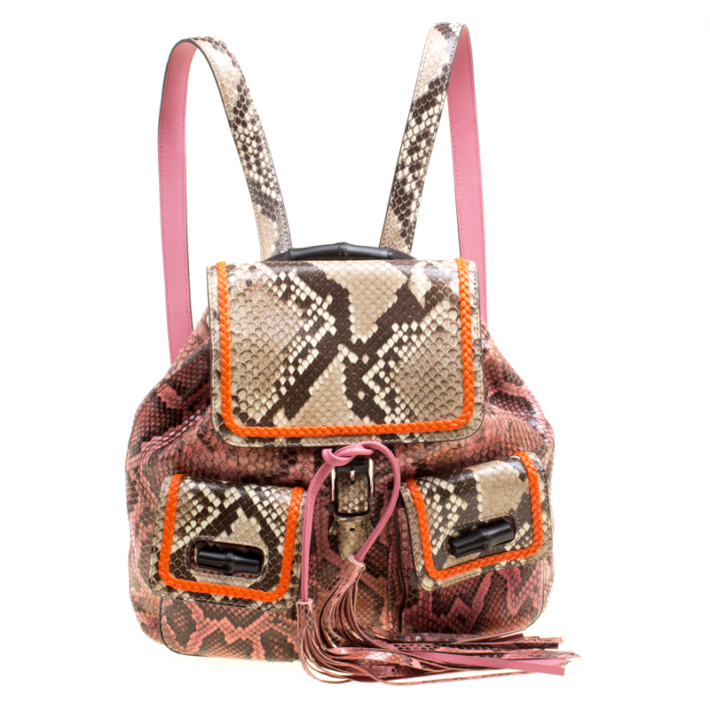 Pre Owned Gucci Pink/Multicolor Python Bamboo Drawstring Backpack