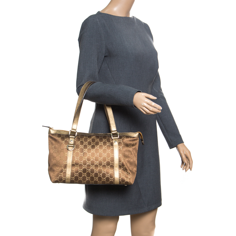 

Gucci Brown/Gold GG Fabric and Leather Medium Abbey Tote