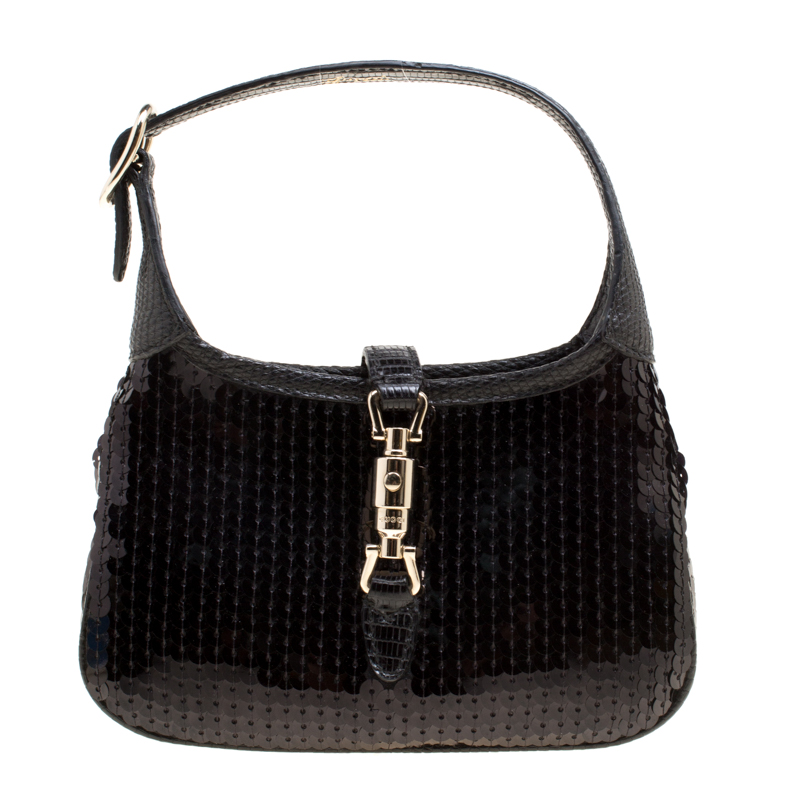 Gucci Black Sequin and Lizard Embossed Leather Jackie O Hobo Gucci ...