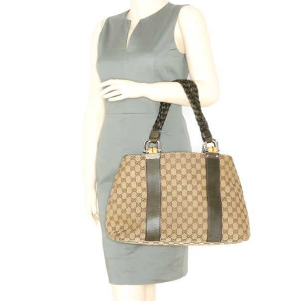 

Gucci Bamboo Bar Medium Canvas Tote, Beige